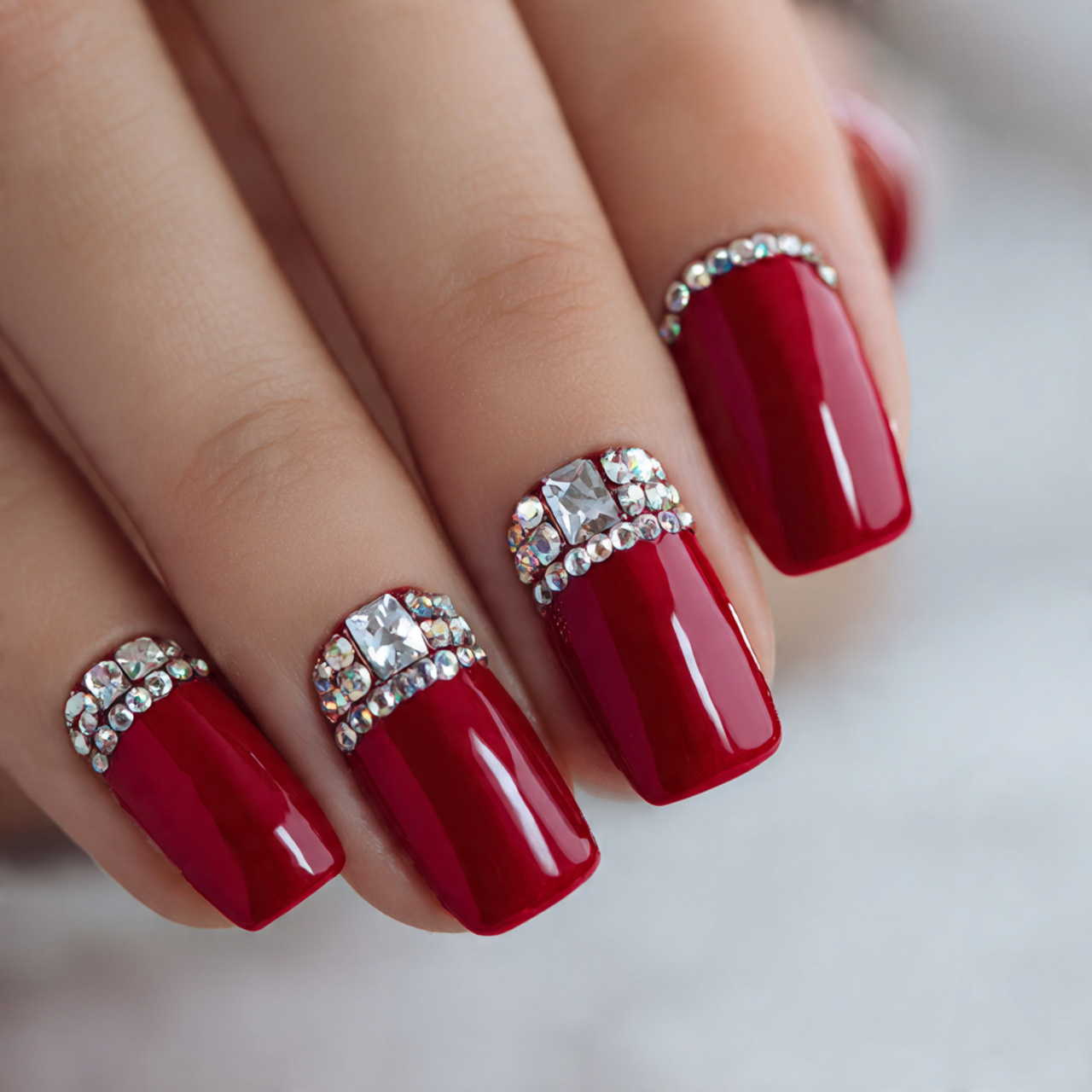 Red Square Nails with Rhinestones