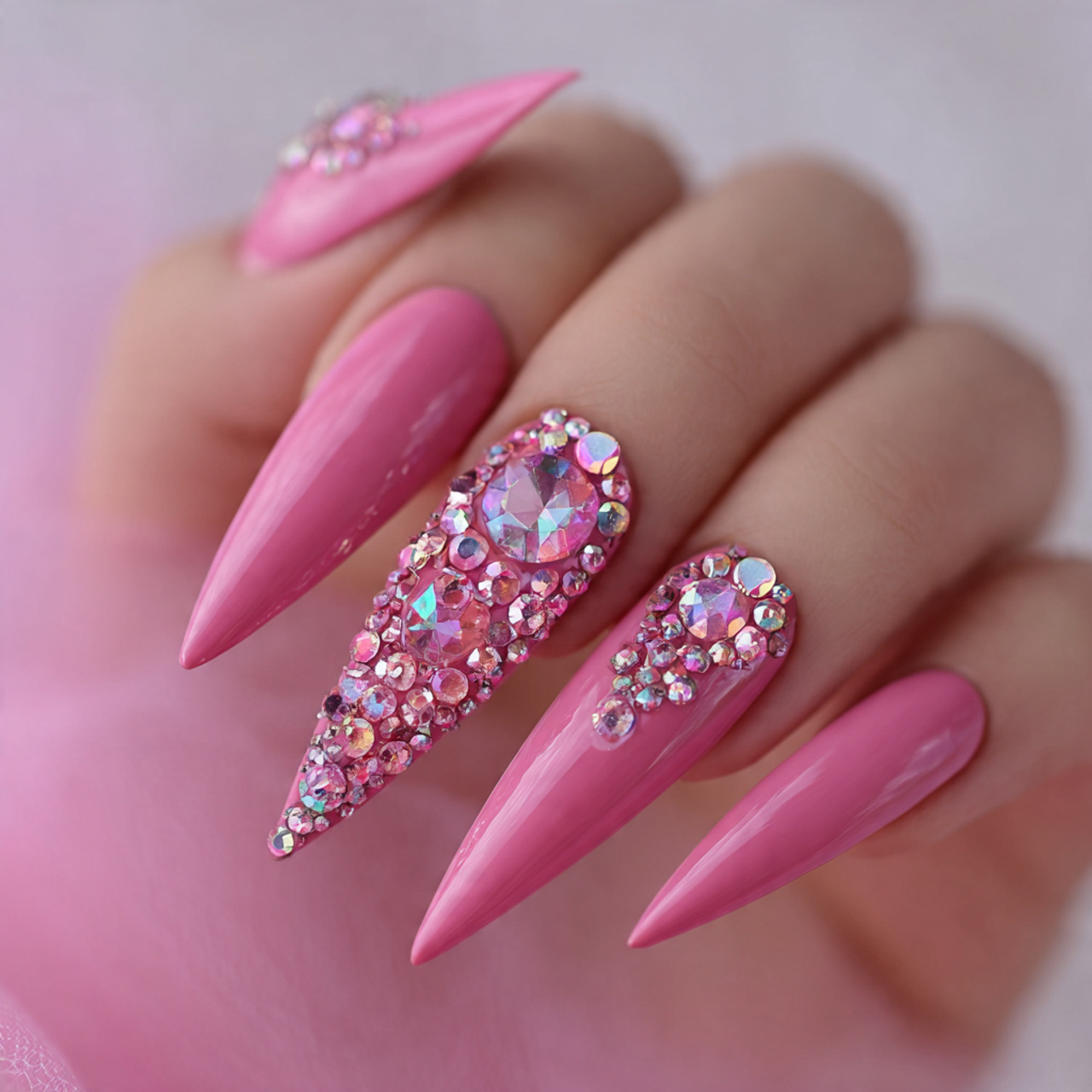 Rhinestone Pink Stiletto Nails