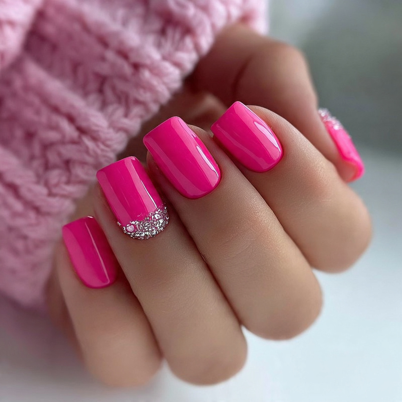 Hot Pink Nails with Rhinestones