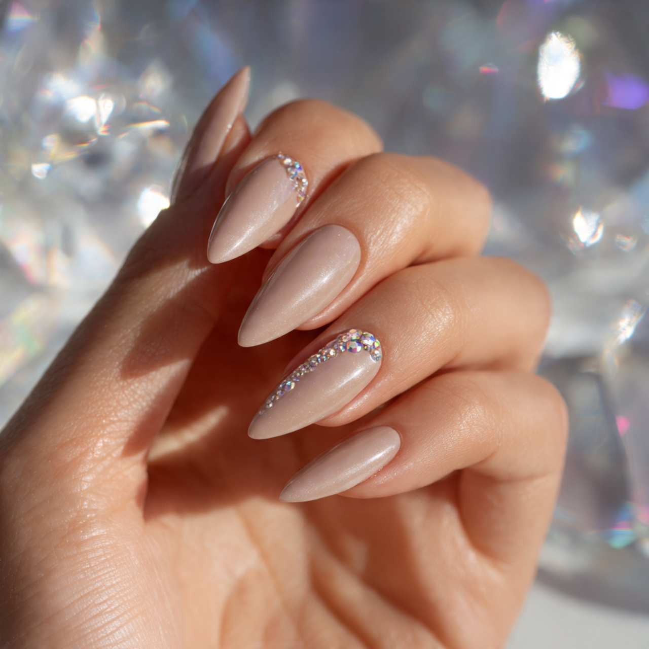Short Stiletto Nails with Rhinestones