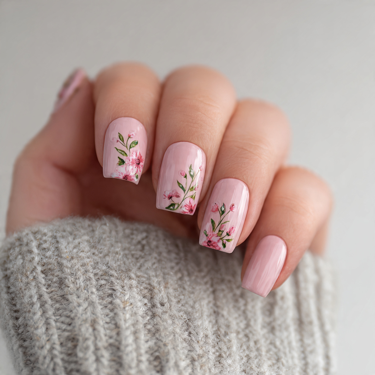 Soft Pink Nails with Floral Art