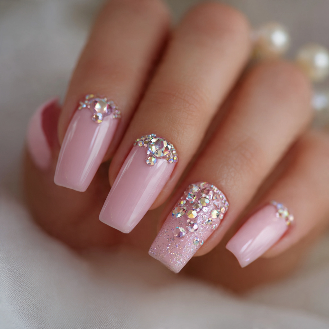 Soft Pink Nails with Rhinestones