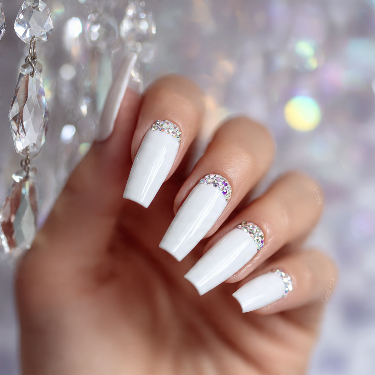White Coffin Nails: 17 Stunning Designs & Trendy Ideas for 2026 7 White Coffin Nails With Rhinestones