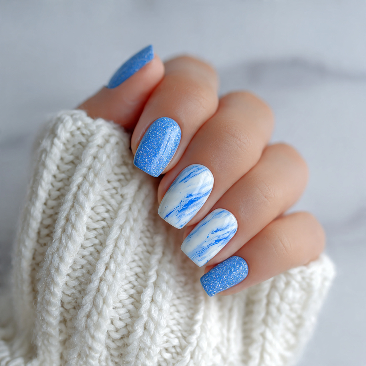 Minimalist Blue And White Nails