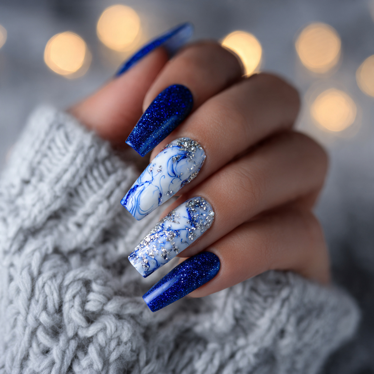 Acrylic Blue And White Nails