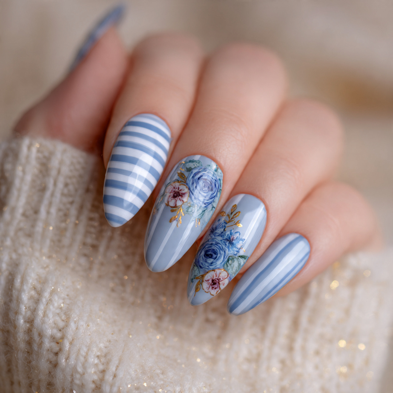 Almond Blue And White Nails