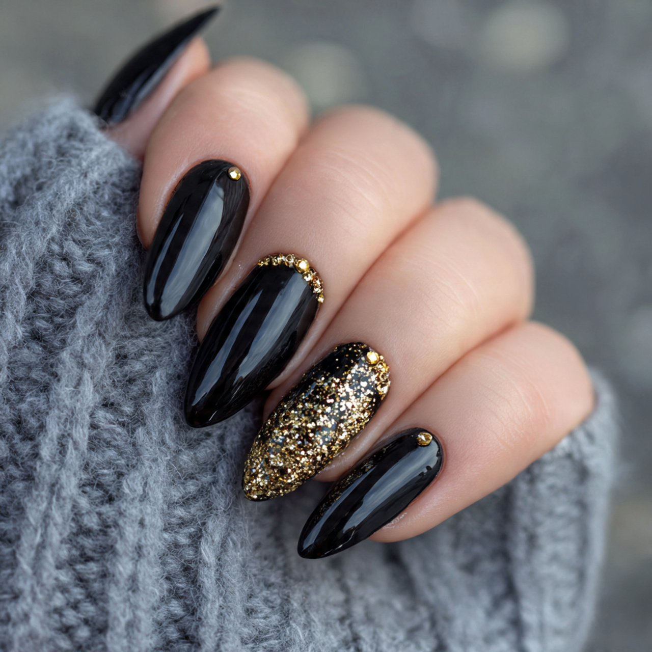 Black Almond Accent Nail Designs