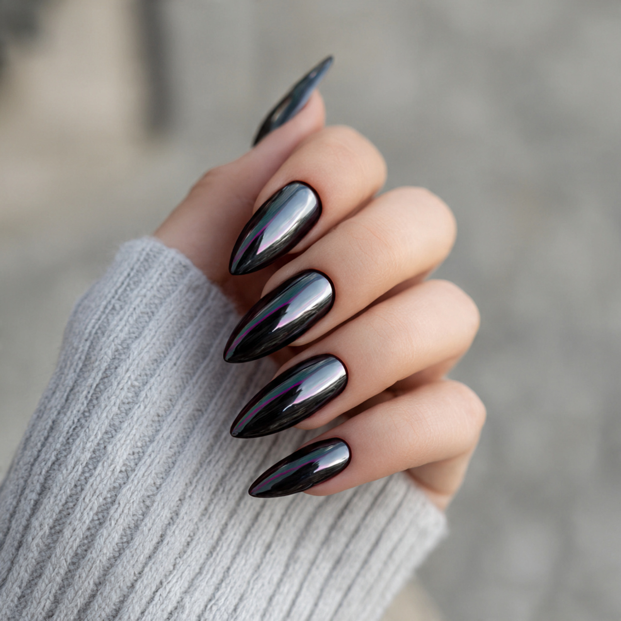 Black Almond Chrome Nails