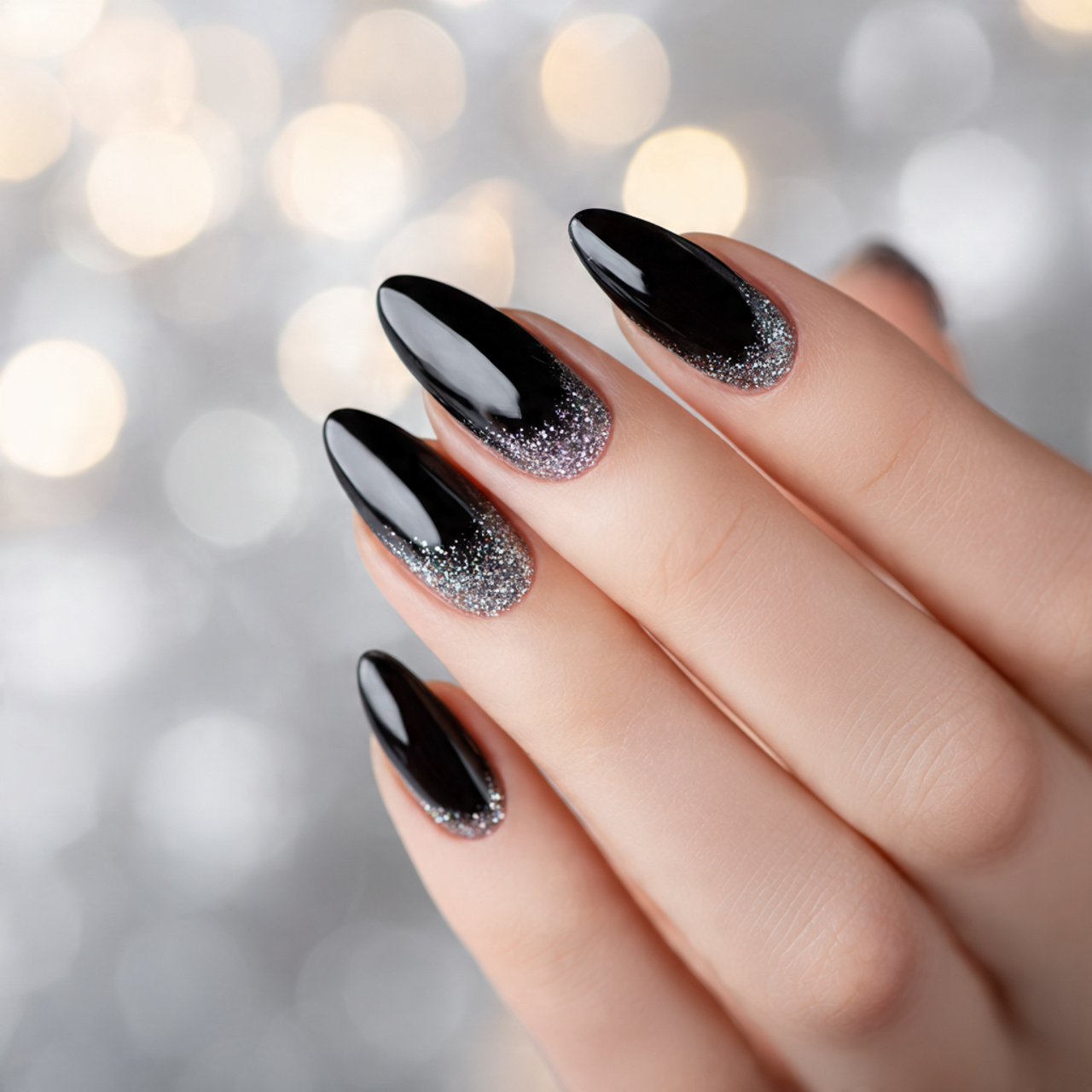 Black Almond Nails with Glitter