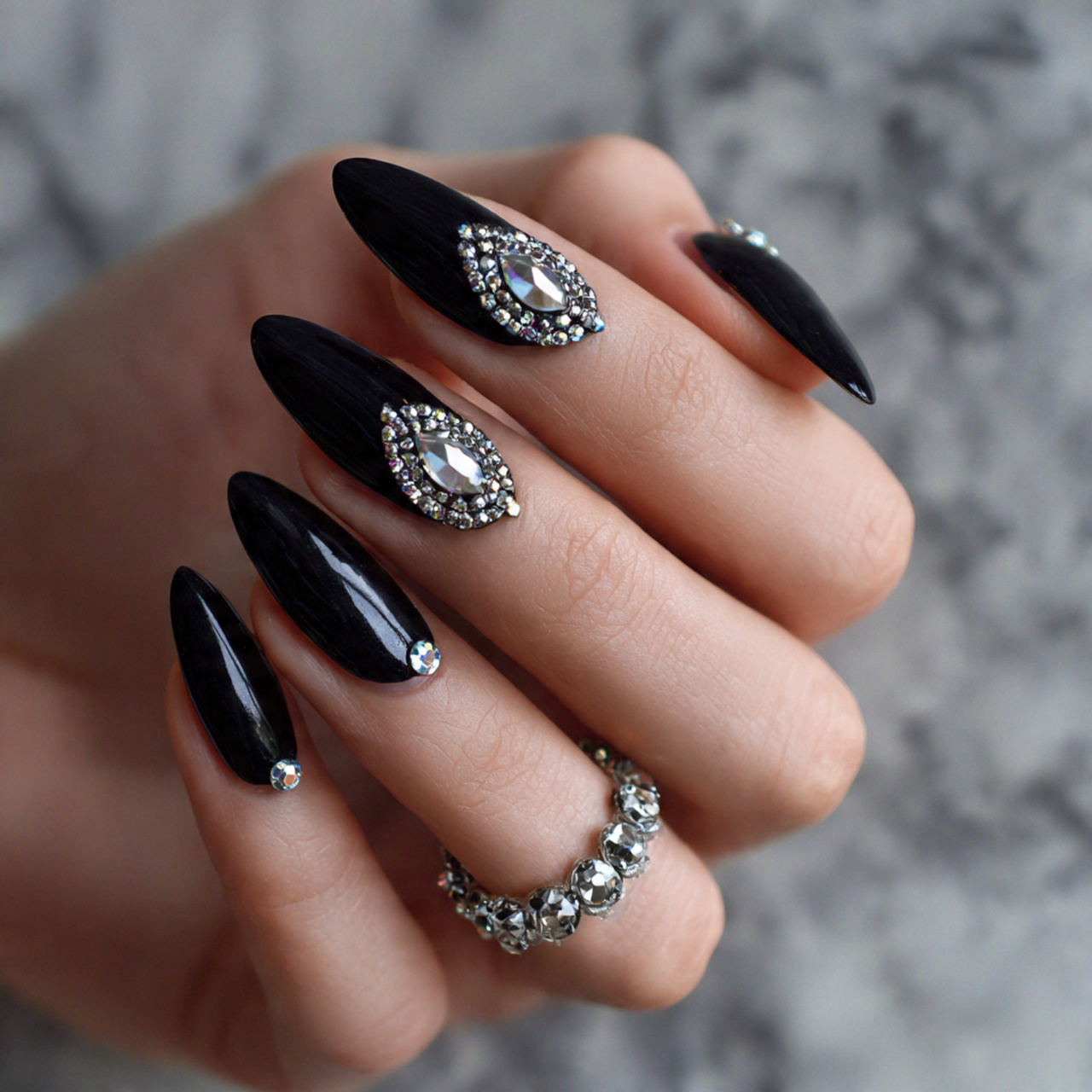 Black Almond Rhinestone Nails