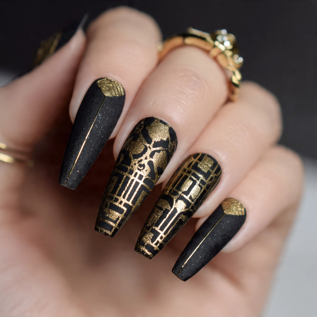 Black And Gold Coffin Nails