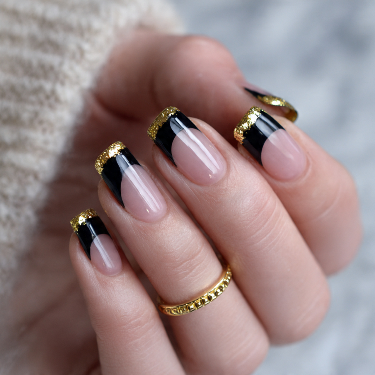 Black And Gold French Nails
