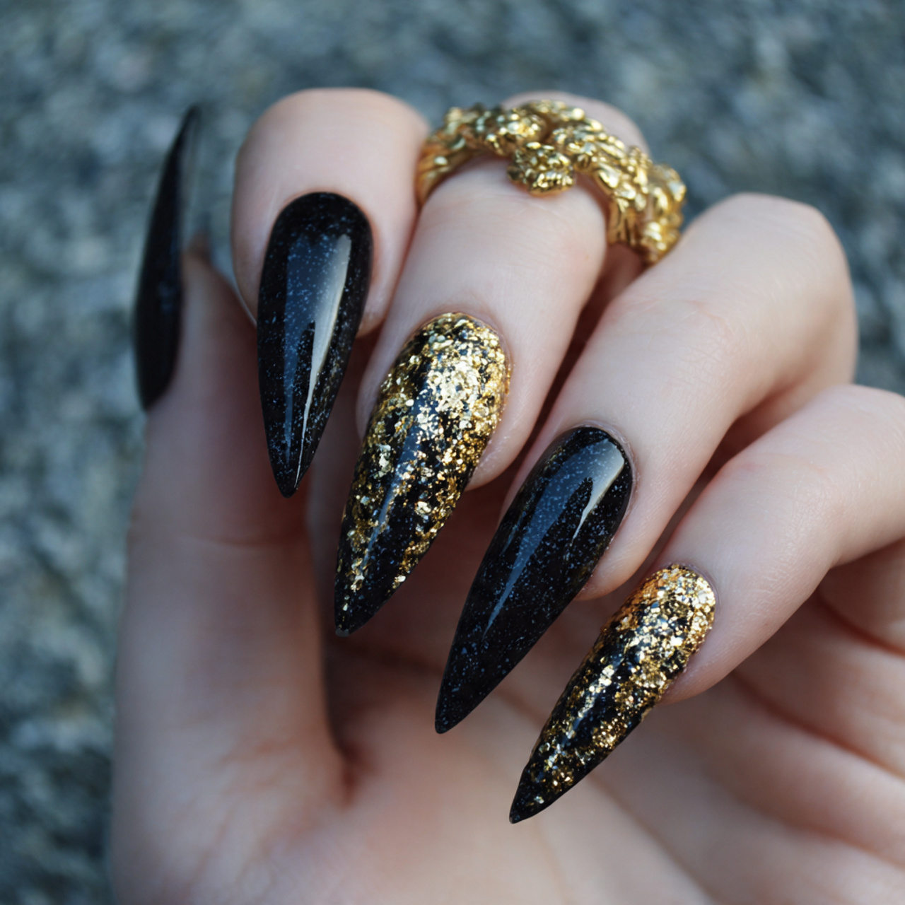 Black And Gold Stiletto Nails