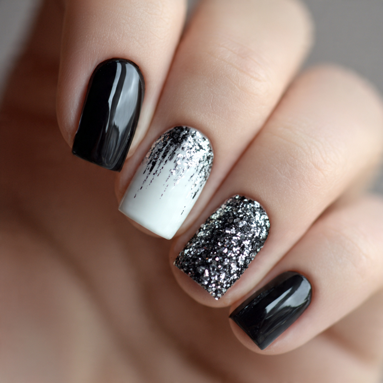 Black And White Nails Glitter Accents