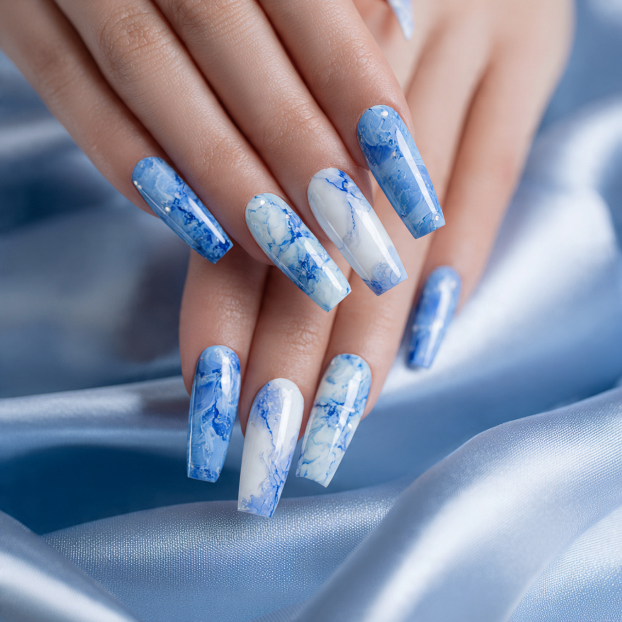 Blue And White Acrylic Nails