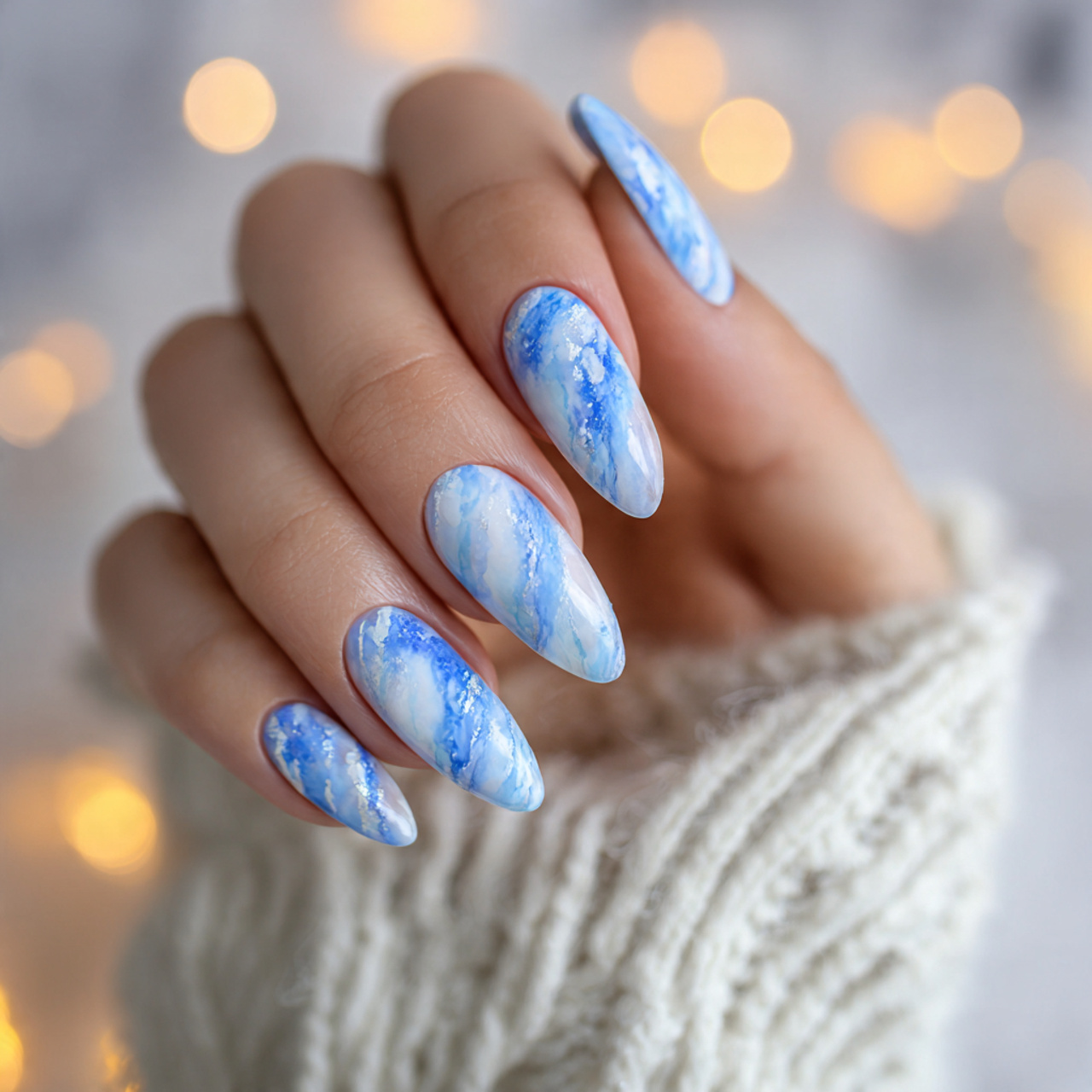 Blue And White Almond Nails