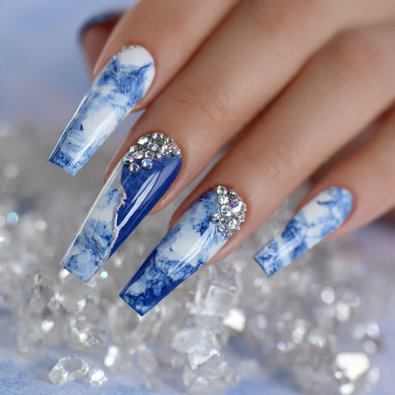 Blue And White Coffin Nails