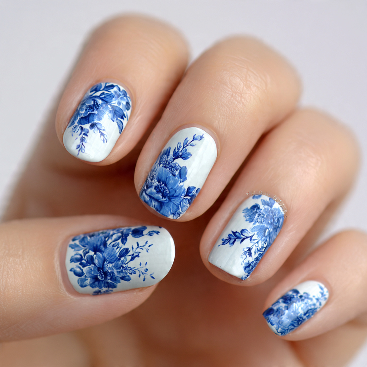 Blue And White Floral Nails Designs