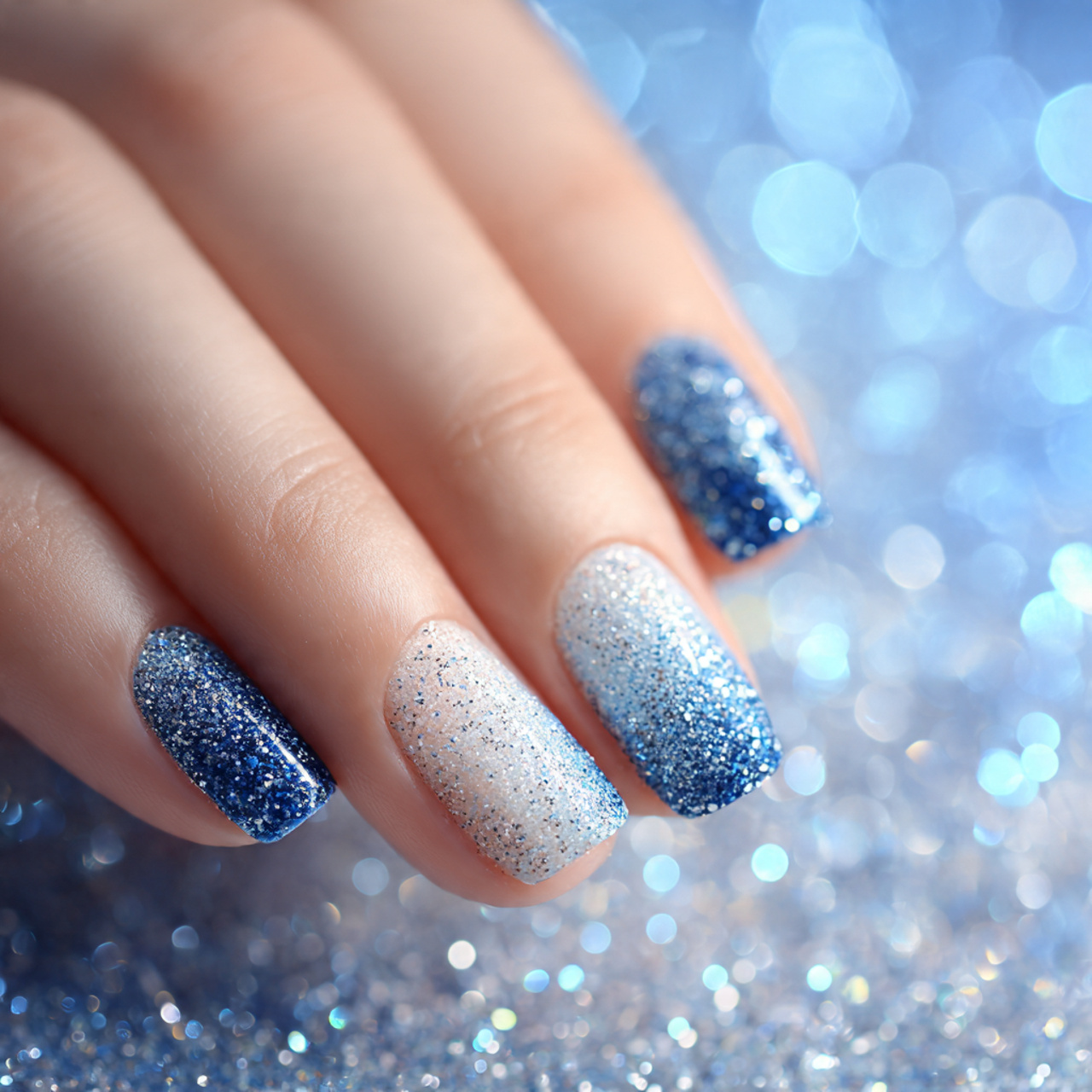 Blue And White Glitter Nails