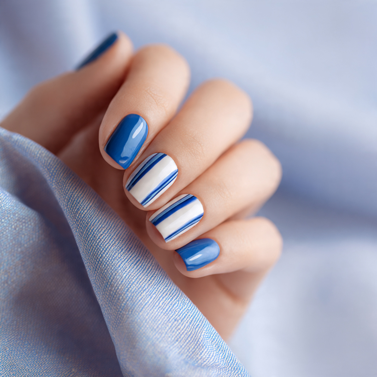 Blue And White Short Nails