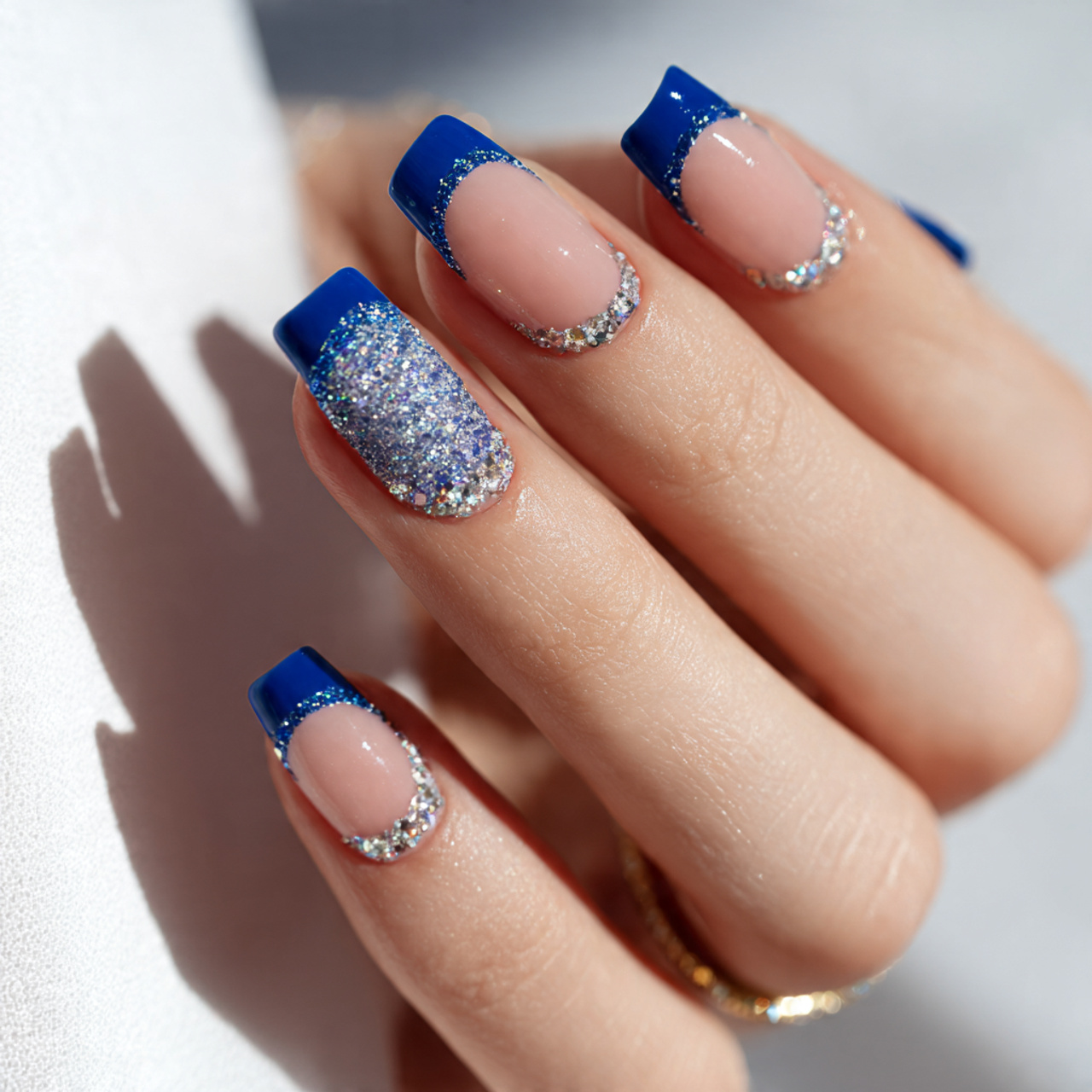 Blue French Tip Nails: 16 Trendy Designs & Easy DIY Ideas 13 Blue French Tip with Glitter Accents