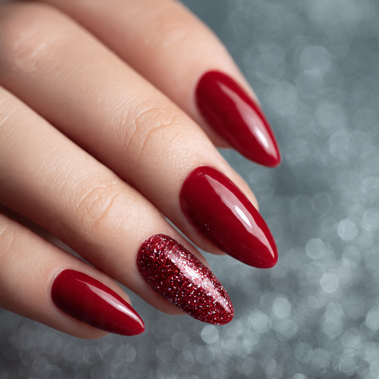 Cherry Red Nails with Glitter