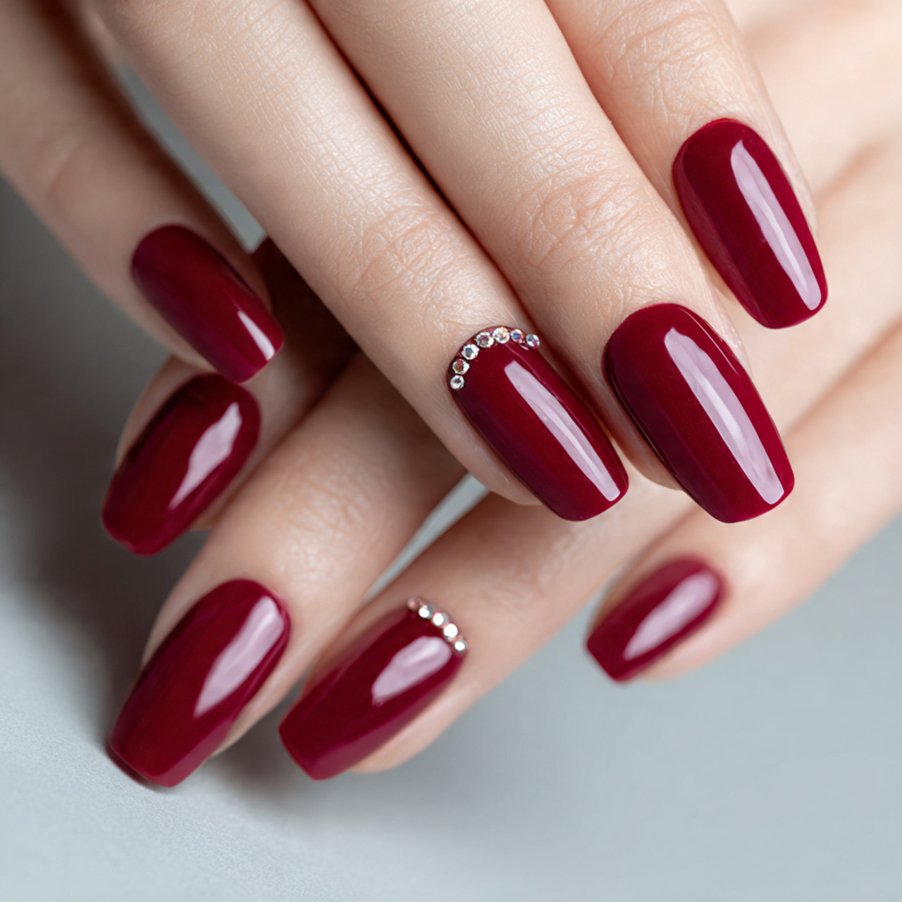 Cherry Red Nails with Rhinestones