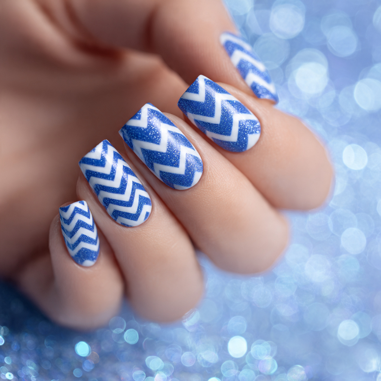 Chevron Blue And White Nails