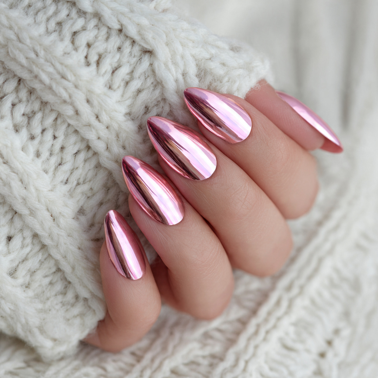Chrome Pink Almond Nails