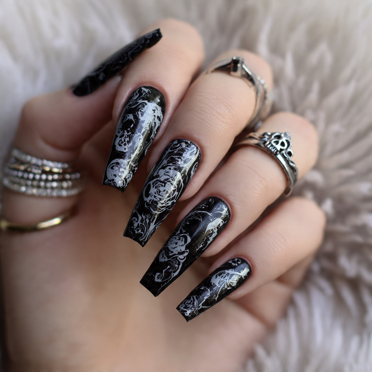 Coffin Black And White Nails