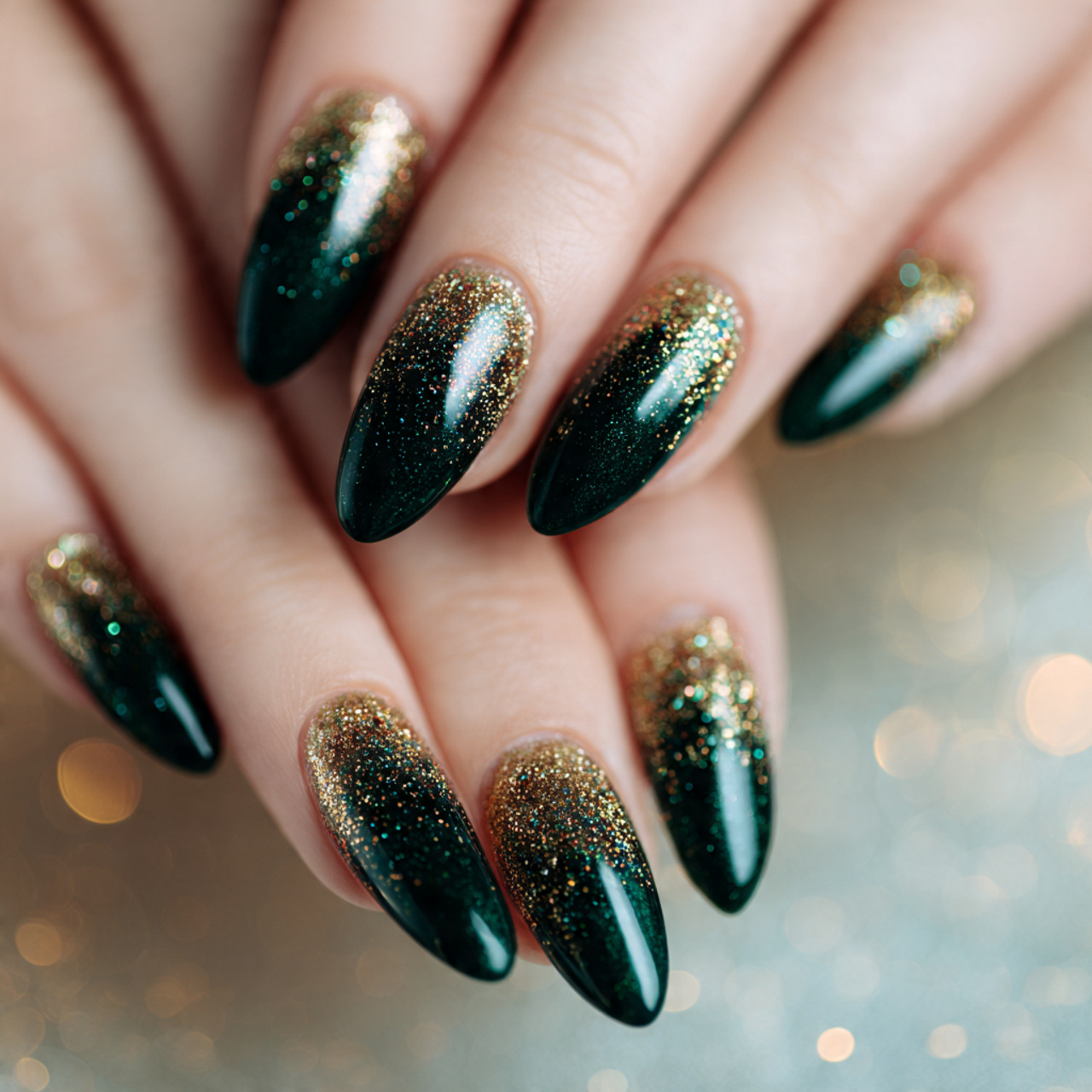 Dark Green Nails with Glitter and Sparkle