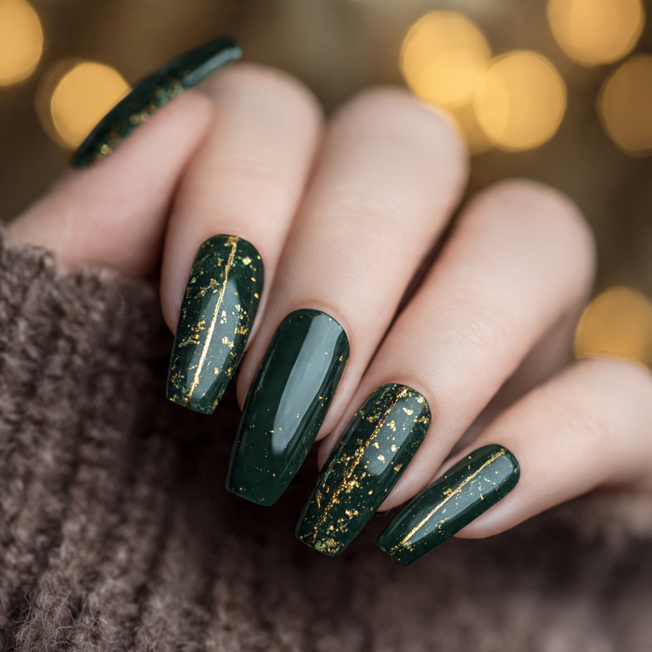 Dark Green Nails with Gold Accents