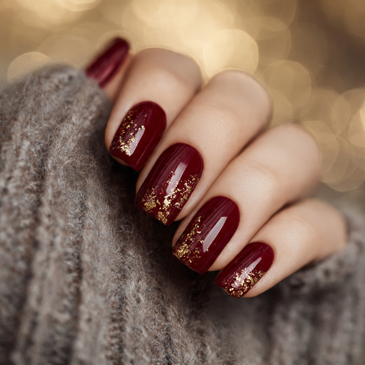 Dark Red and Gold Nails Design