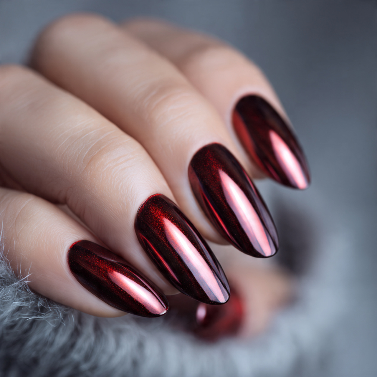 Dark Red Chrome Nails Design