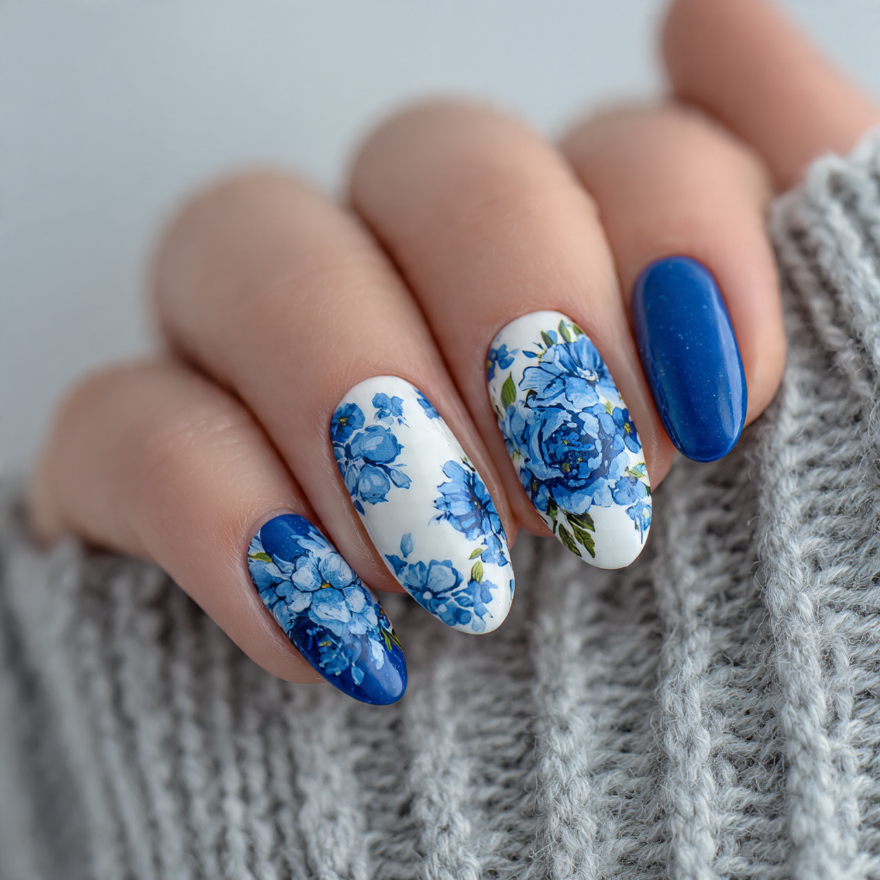 Floral Blue And White Nails