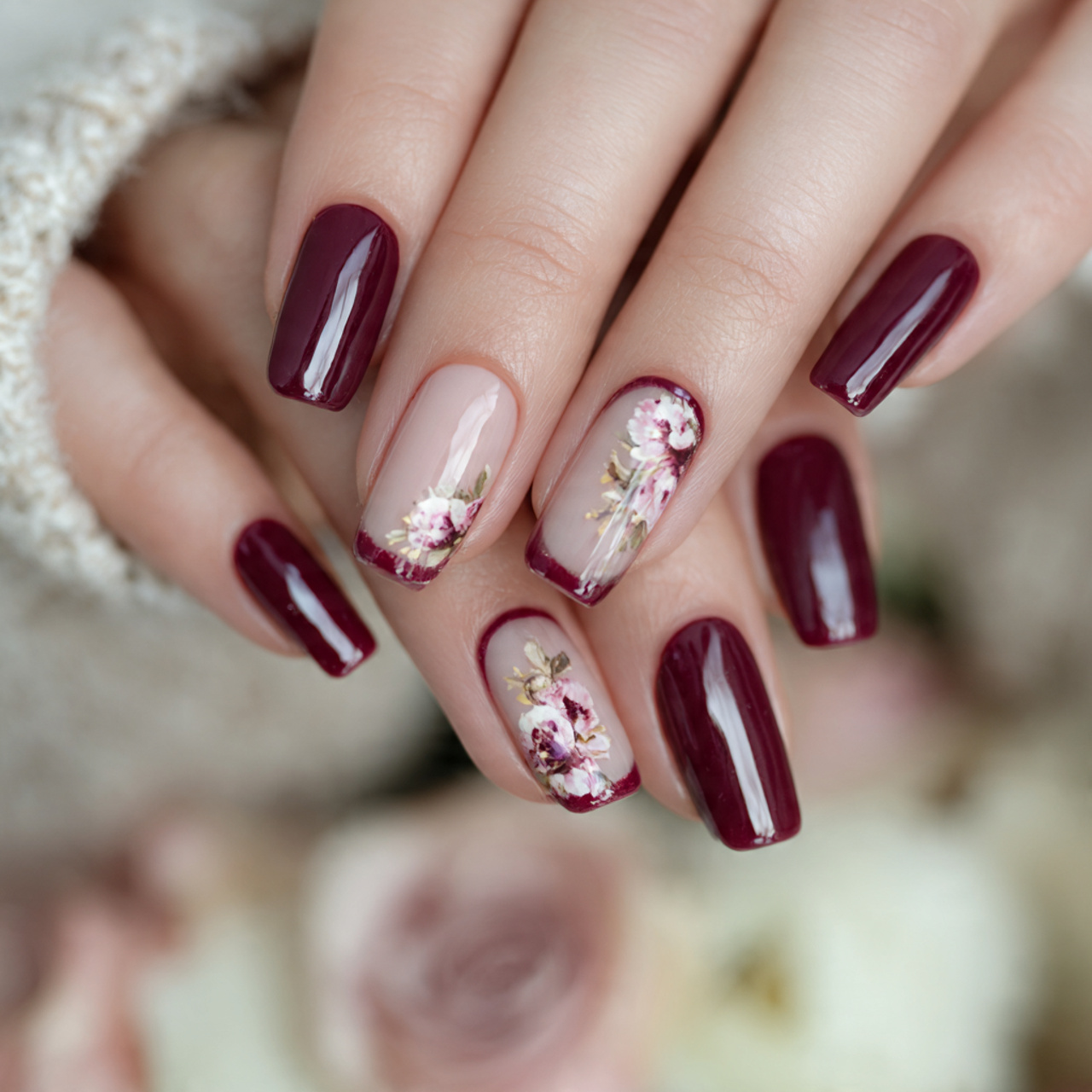 Burgundy French Tip Nails: 18 Classy, Bold & Must-Try Styles 17 Floral Burgundy French Tip Nails