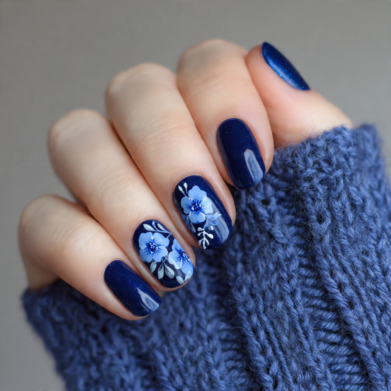 Floral Dark Blue Nails