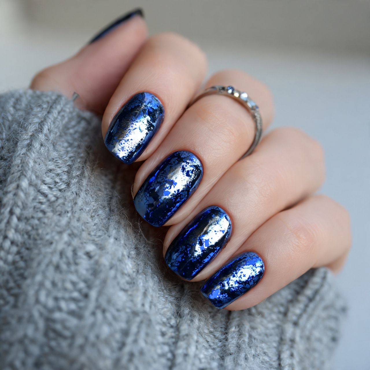 Foil Dark Blue Nails
