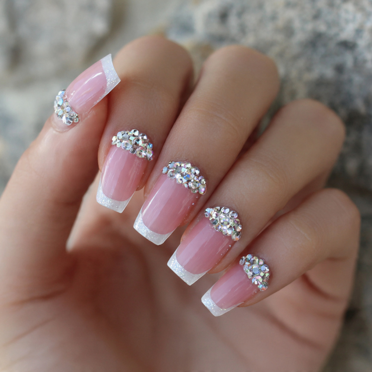 French Tip Acrylic Nails with Rhinestones