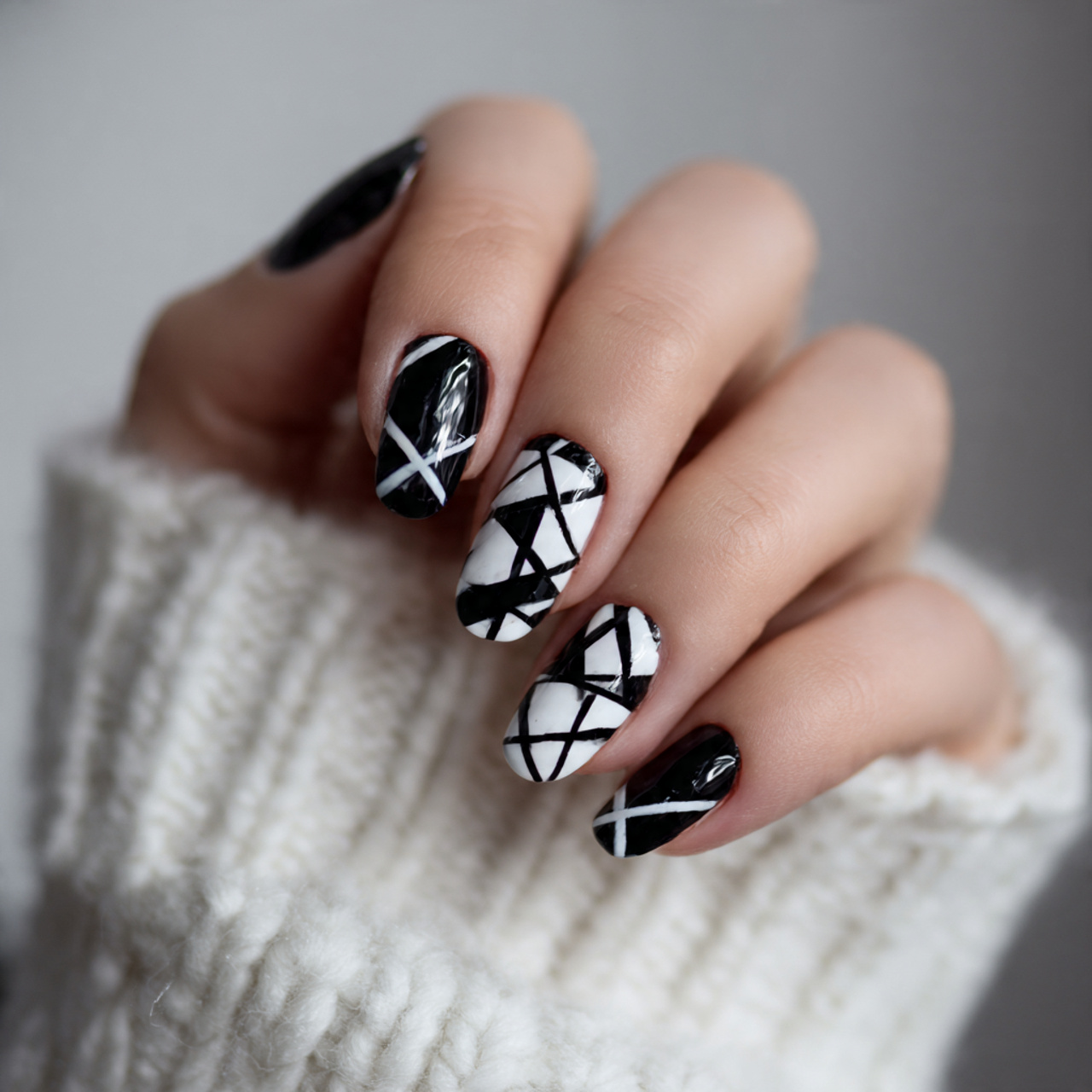 Geometric Black And White Nails