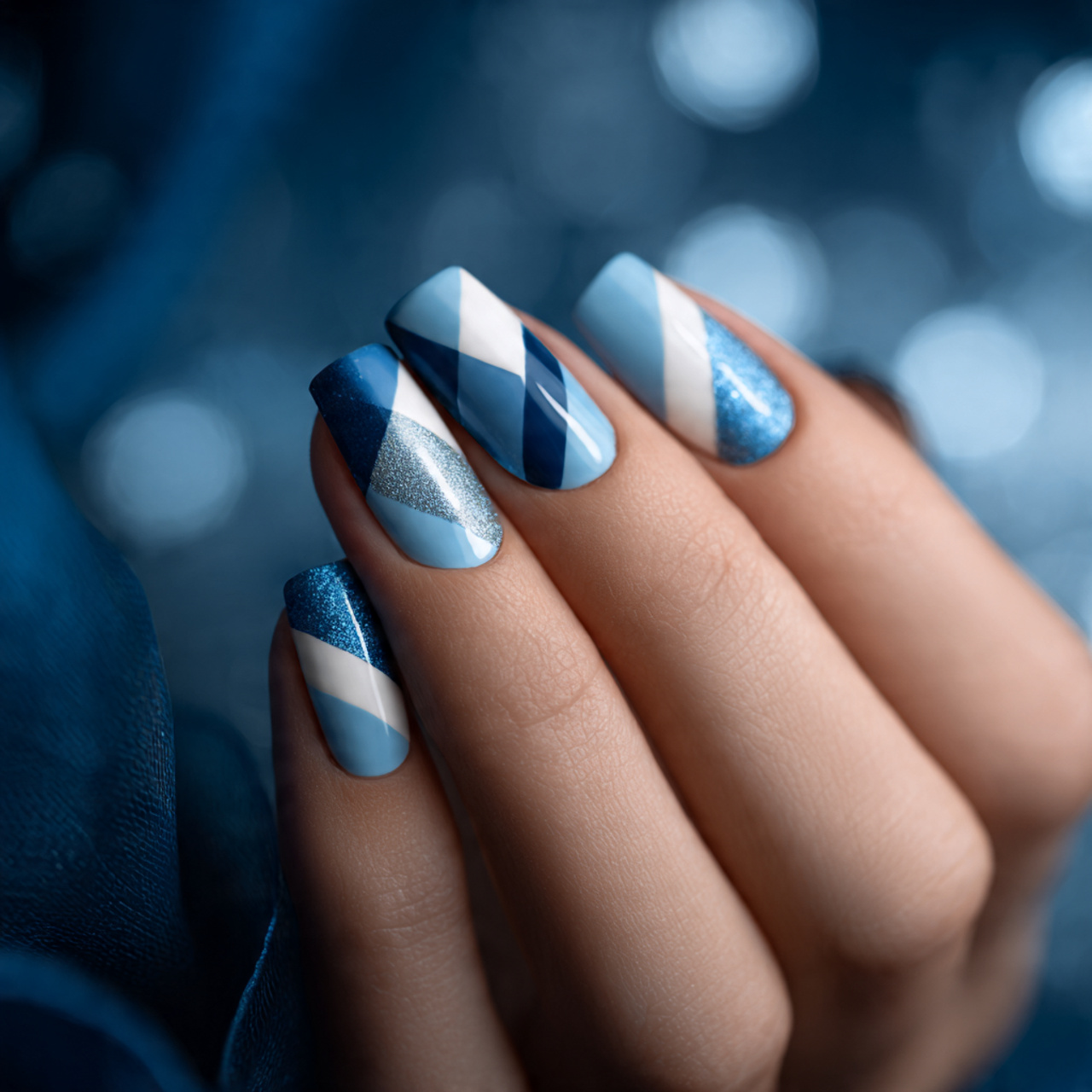Geometric Blue And White Nails