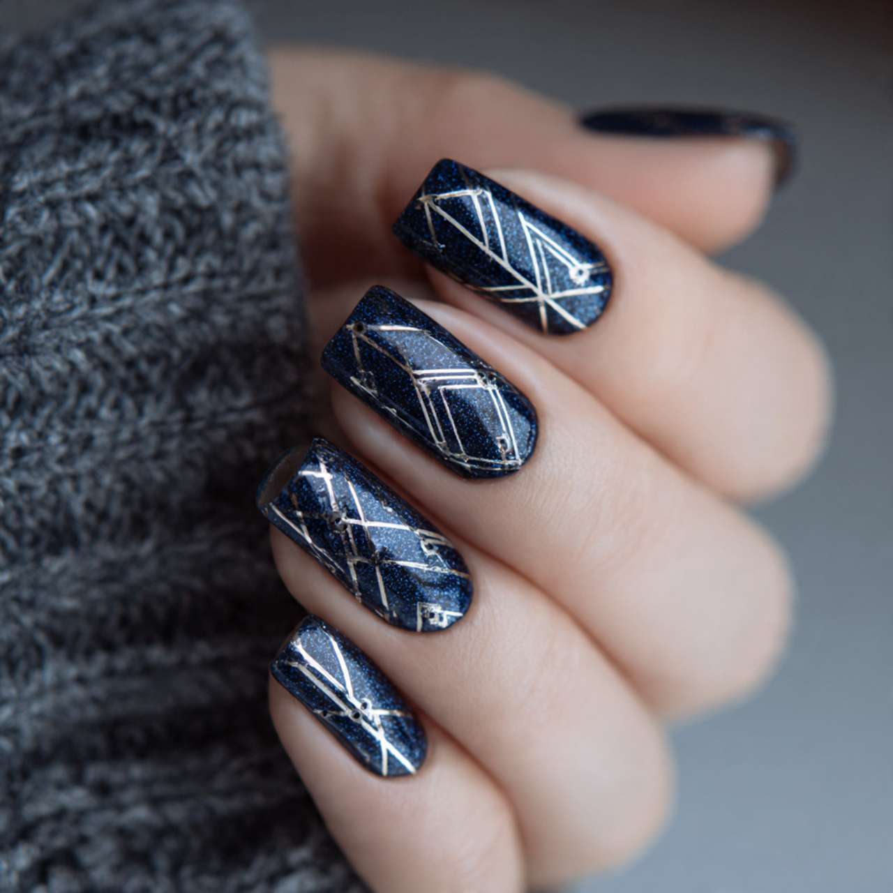Geometric Dark Blue Nails