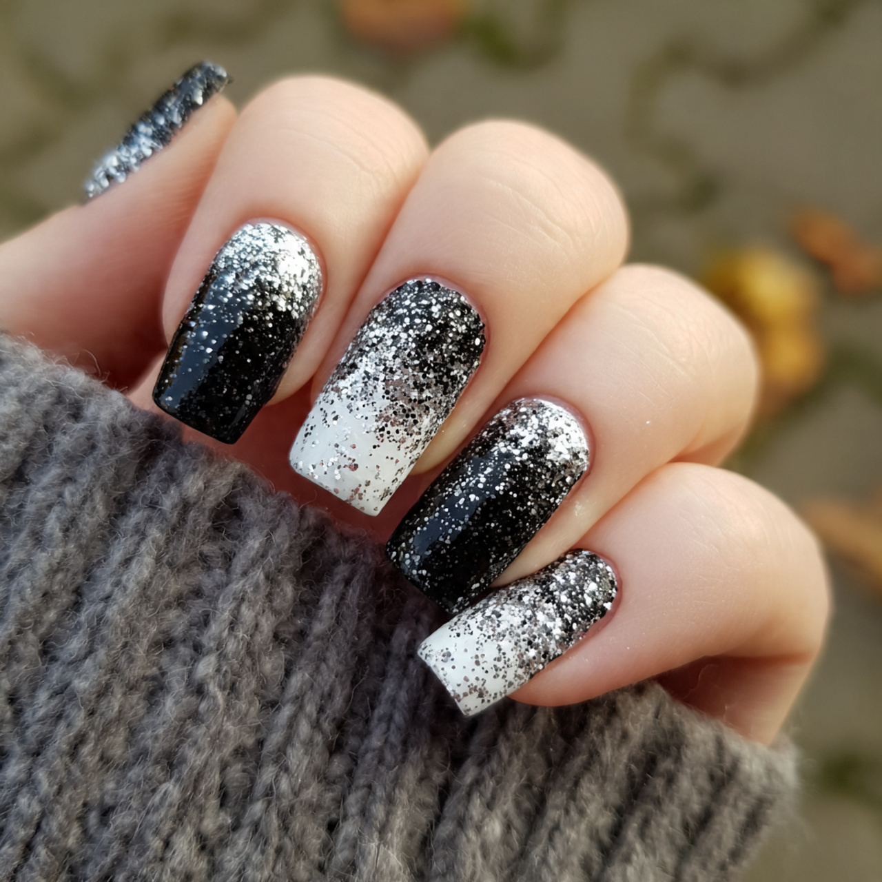 Glitter Black And White Nails