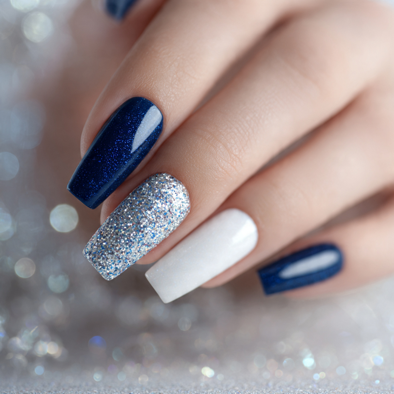 Glitter Blue And White Nails