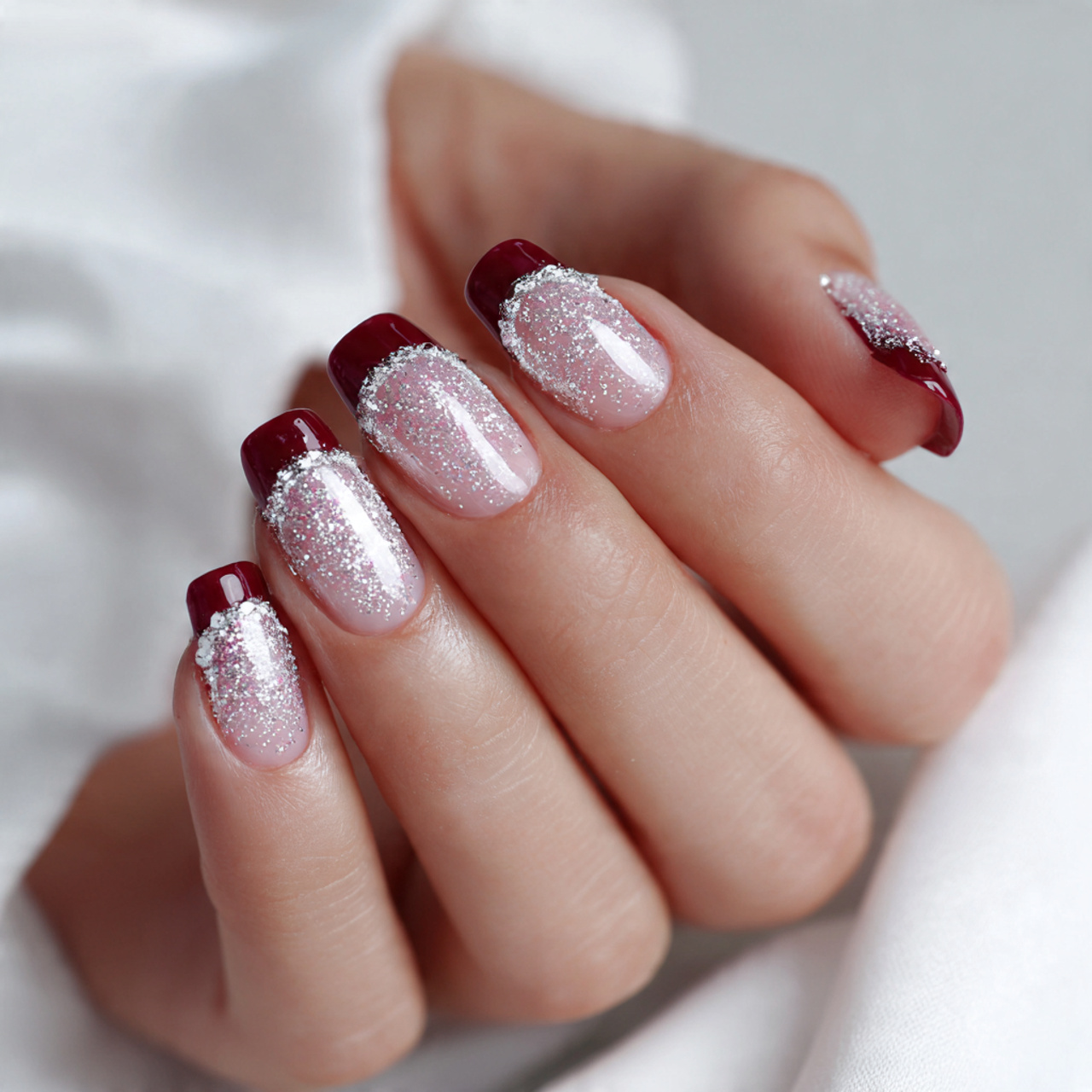 Burgundy French Tip Nails: 18 Classy, Bold & Must-Try Styles 6 Glitter Burgundy French Tip Nails