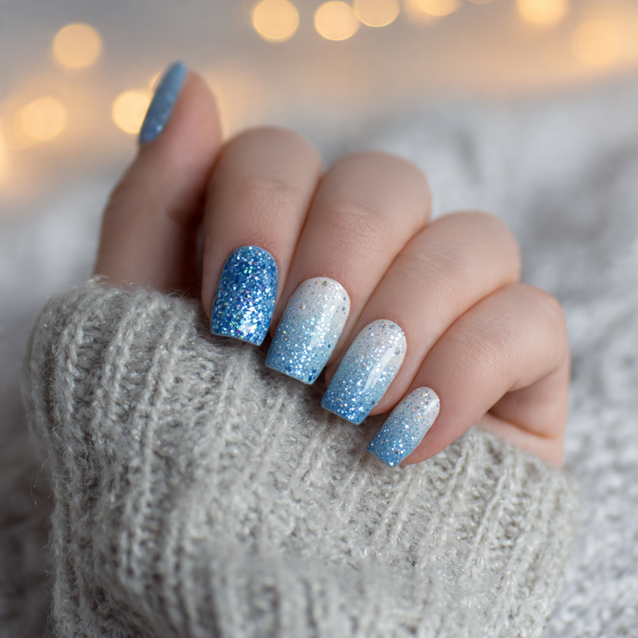 Glossy Blue And White Nails