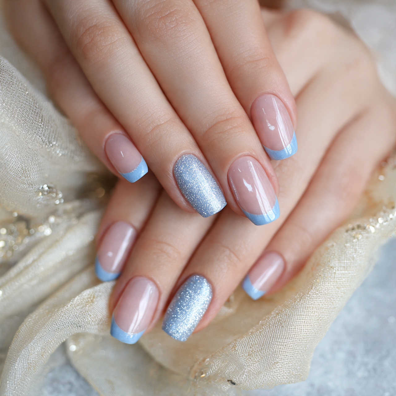 Blue French Tip Nails: 16 Trendy Designs & Easy DIY Ideas 3 Glittery Blue French Tip Nails
