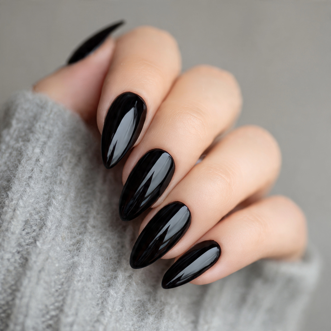 Glossy Black Almond Nails