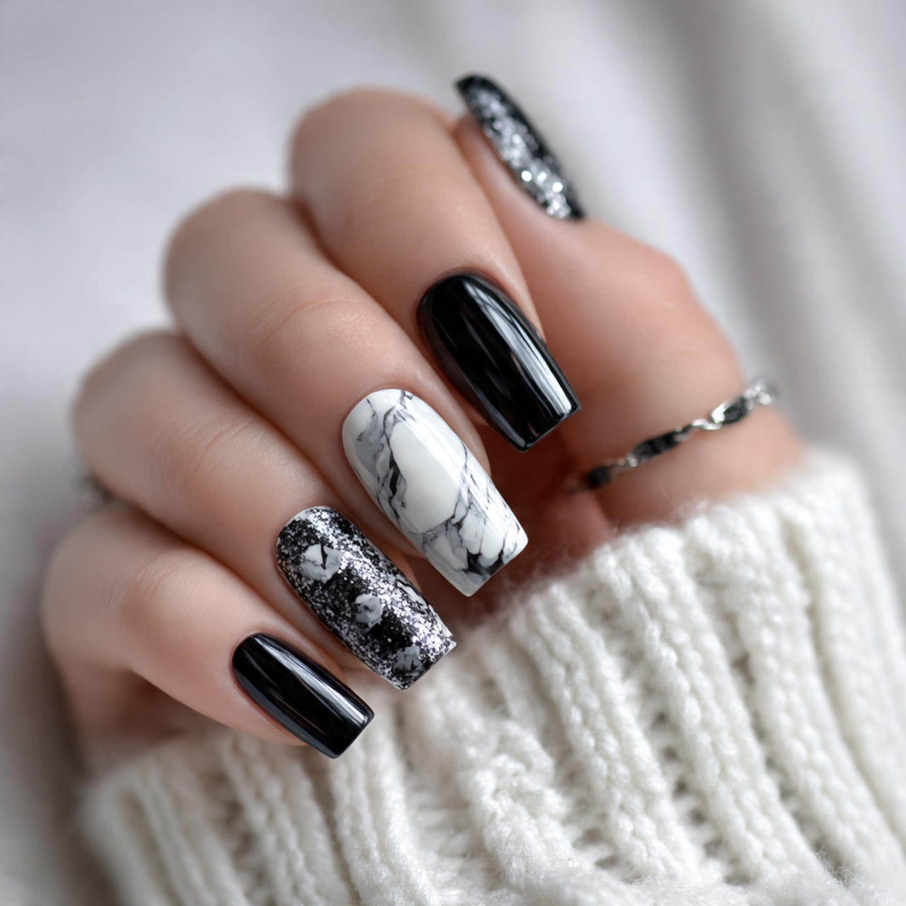 Glossy Black And White Nails