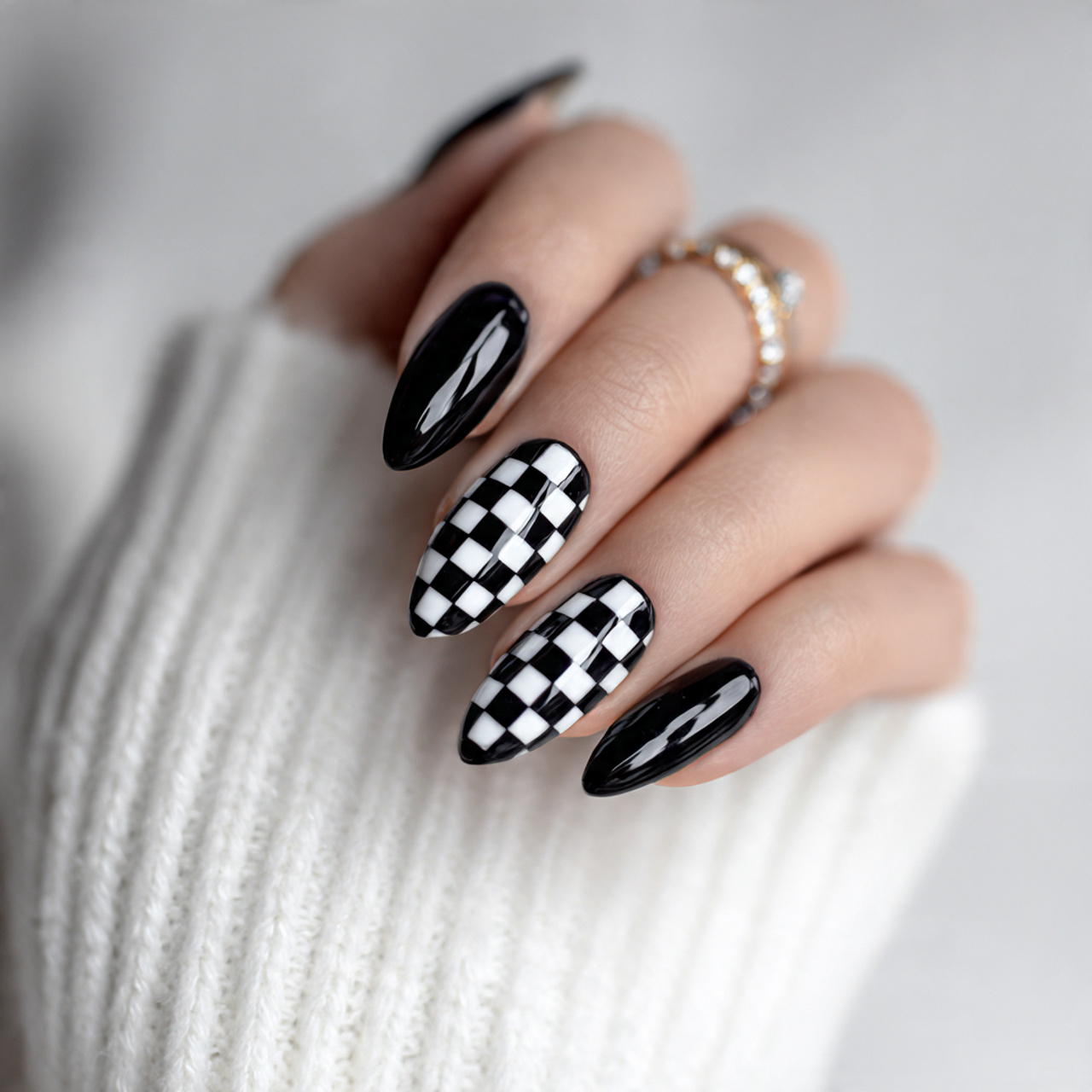 Glossy Black And White Nails